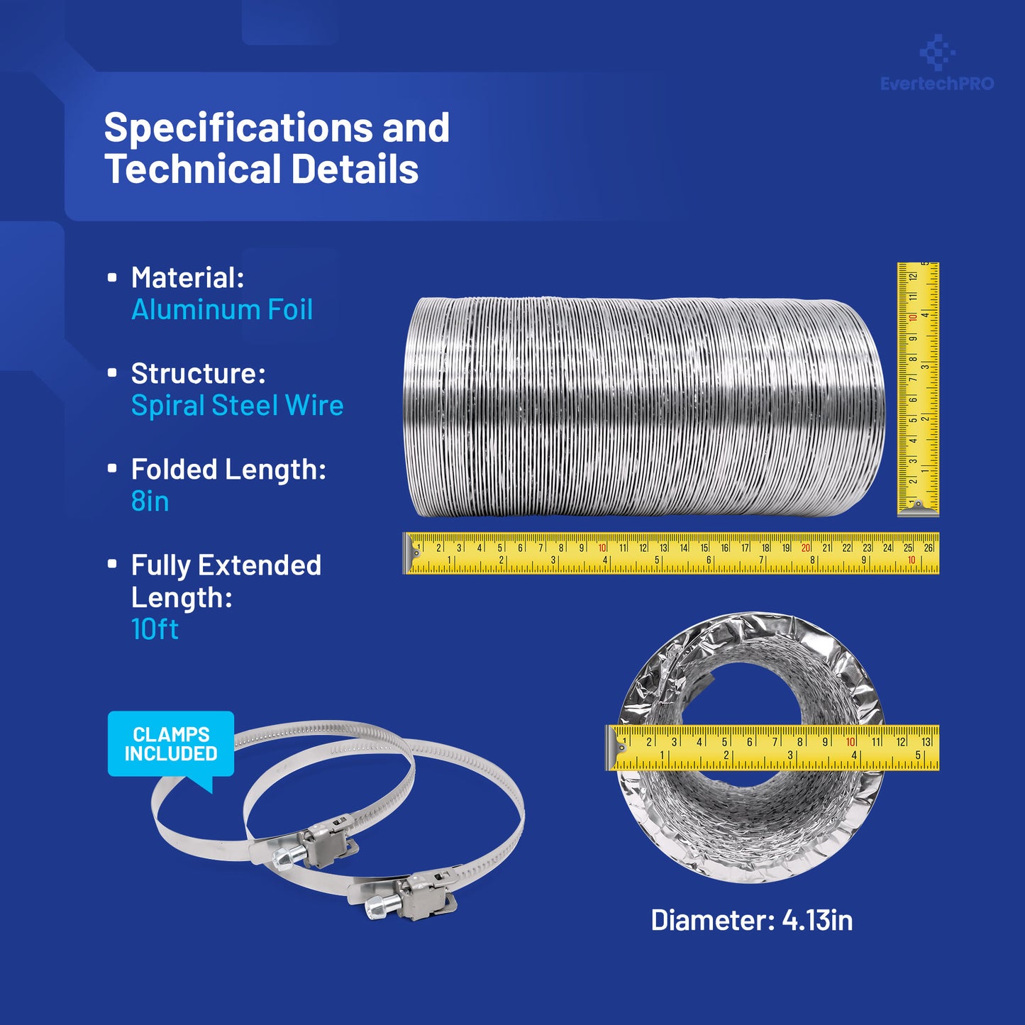 3911EZ9131X Side Vent Kit for LG and GE Dryer, 4 inch x 8 feet Flexible Aluminum Duct Hose, 2 Stainless Steel Clamps, 3.9mil Aluminum Tape, 2 inch x 65 feet Insulation Duct Tape