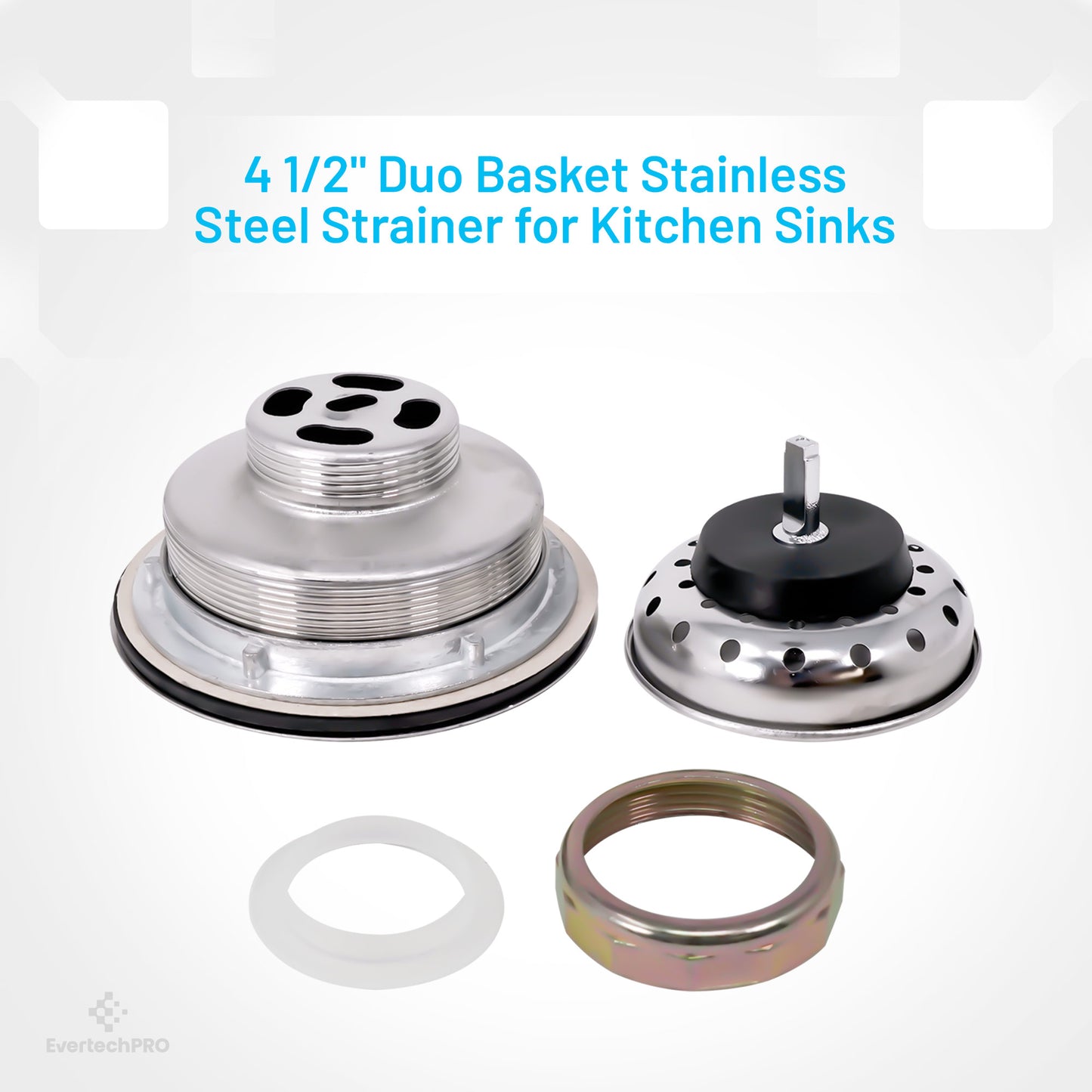 PLB22002 EvertechPRO Kitchen Sink Drain Assembly Kit - 4 1/2 Inch Sink Drain with Strainer Basket and Drain Stopper, Rustproof Stainless Steel, Easy to Install, Suitable for American Standard Sinks