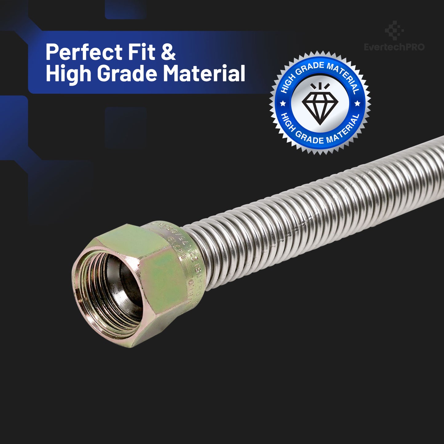 PLB5RA13A0012 EvertechPRO Durable Stainless Steel Flexible Gas Line 1/2 OD, 3/8 ID x 12 Inch Length, Uncoated Corrugated Universal Fit with Easy Installation Gas Line