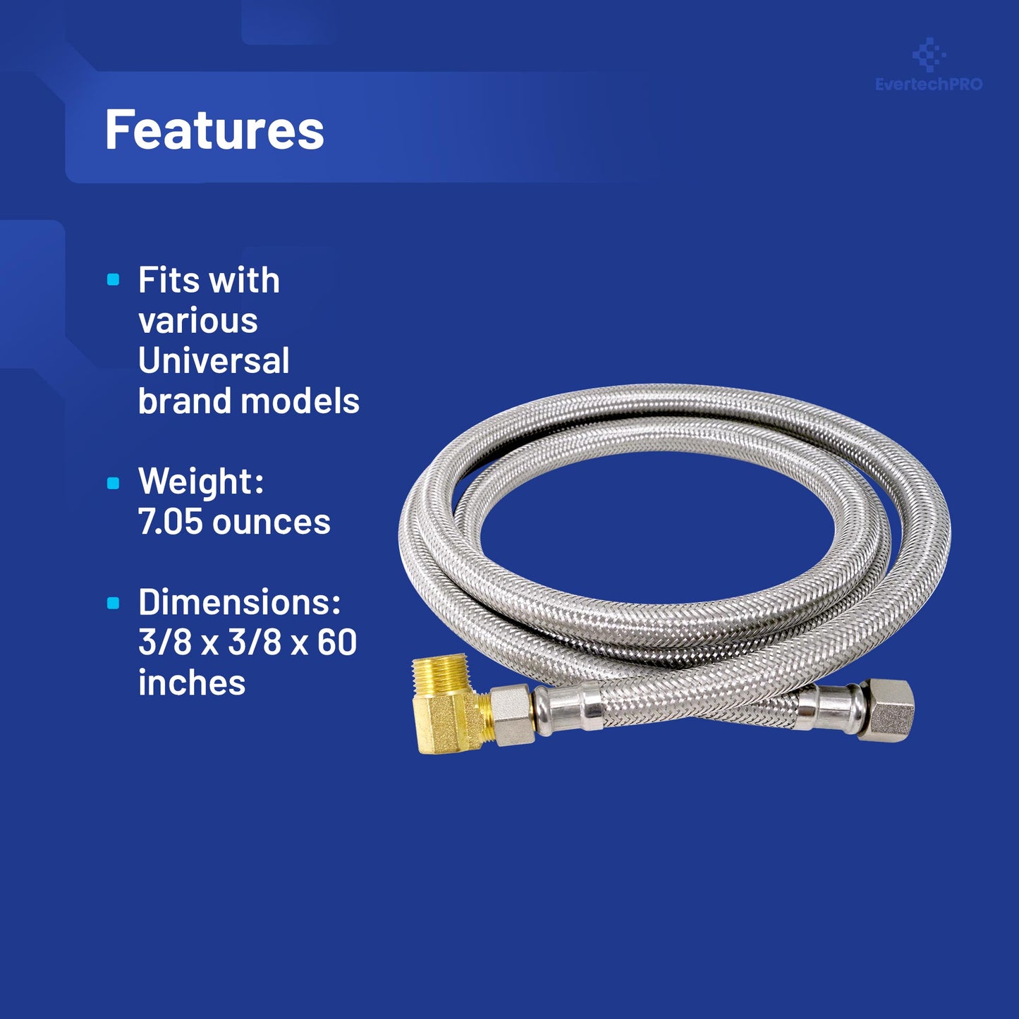 PLB811M60 EvertechPRO Stainless Steel Braided Toilet Water Supply Line - F 3/8 C x F 3/8 C with Elbow x 60 Inch, Universal Fit Faucet Supply Lines, No Leakage, Easy Installation, Flexible Toilet Water Line