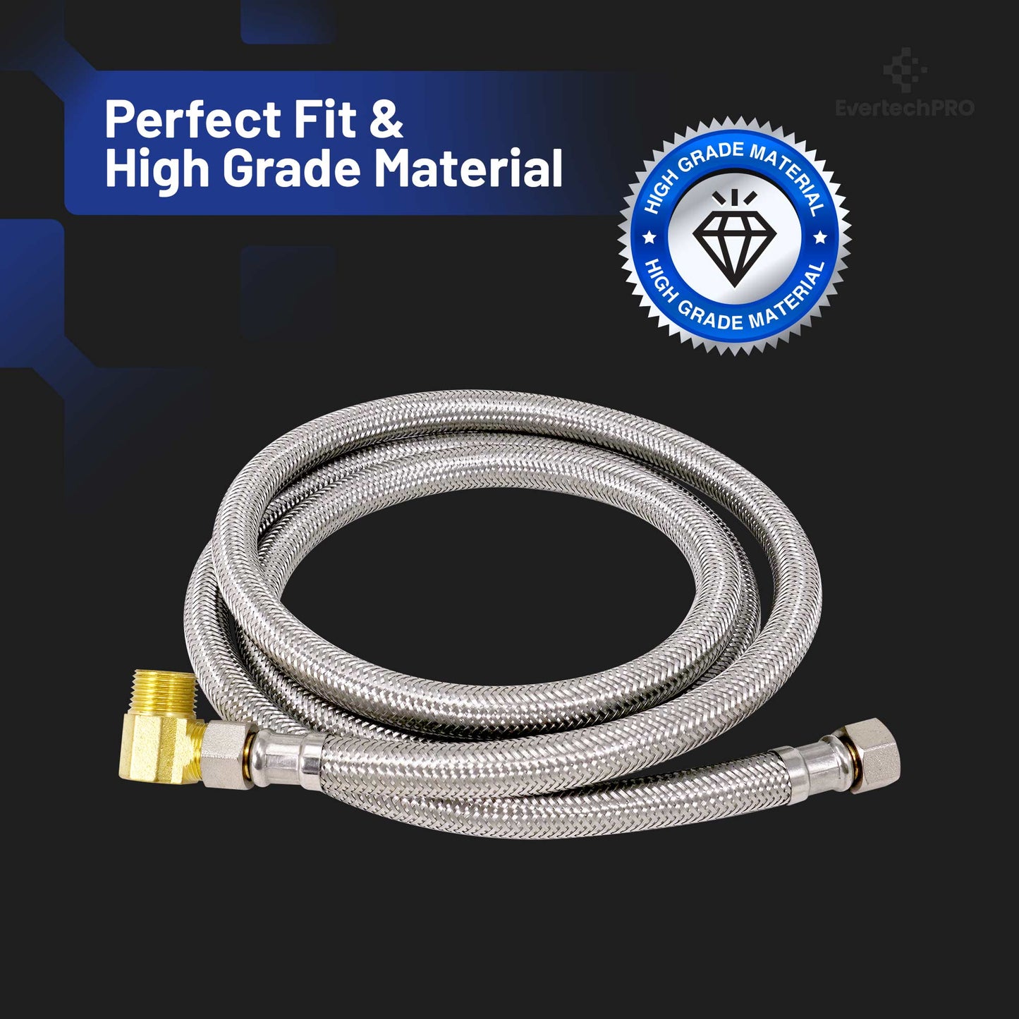 PLB811M60 EvertechPRO Stainless Steel Braided Toilet Water Supply Line - F 3/8 C x F 3/8 C with Elbow x 60 Inch, Universal Fit Faucet Supply Lines, No Leakage, Easy Installation, Flexible Toilet Water Line