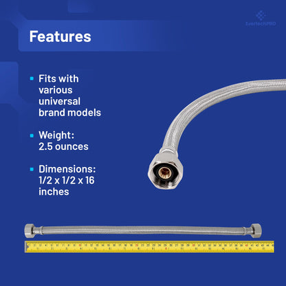 PLB813316 EvertechPRO Stainless Steel Braided Toilet Water Supply Line - F 1/2 x F 1/2 x 16 inch Connector, Universal Fit, No Water Leakage, Easy Installation, Flexible Faucet Supply Lines, Toilet Water Line