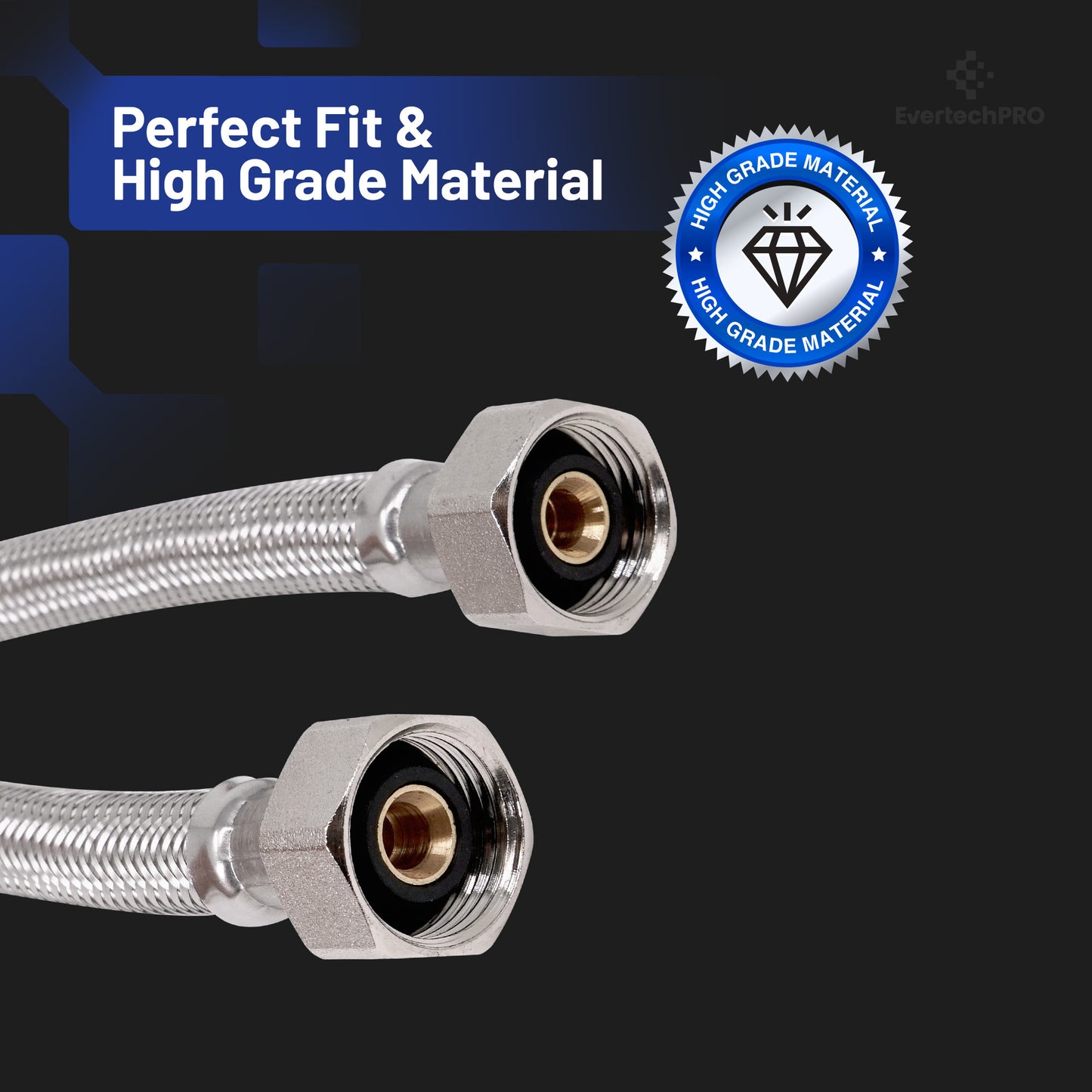 PLB813316 EvertechPRO Stainless Steel Braided Toilet Water Supply Line - F 1/2 x F 1/2 x 16 inch Connector, Universal Fit, No Water Leakage, Easy Installation, Flexible Faucet Supply Lines, Toilet Water Line