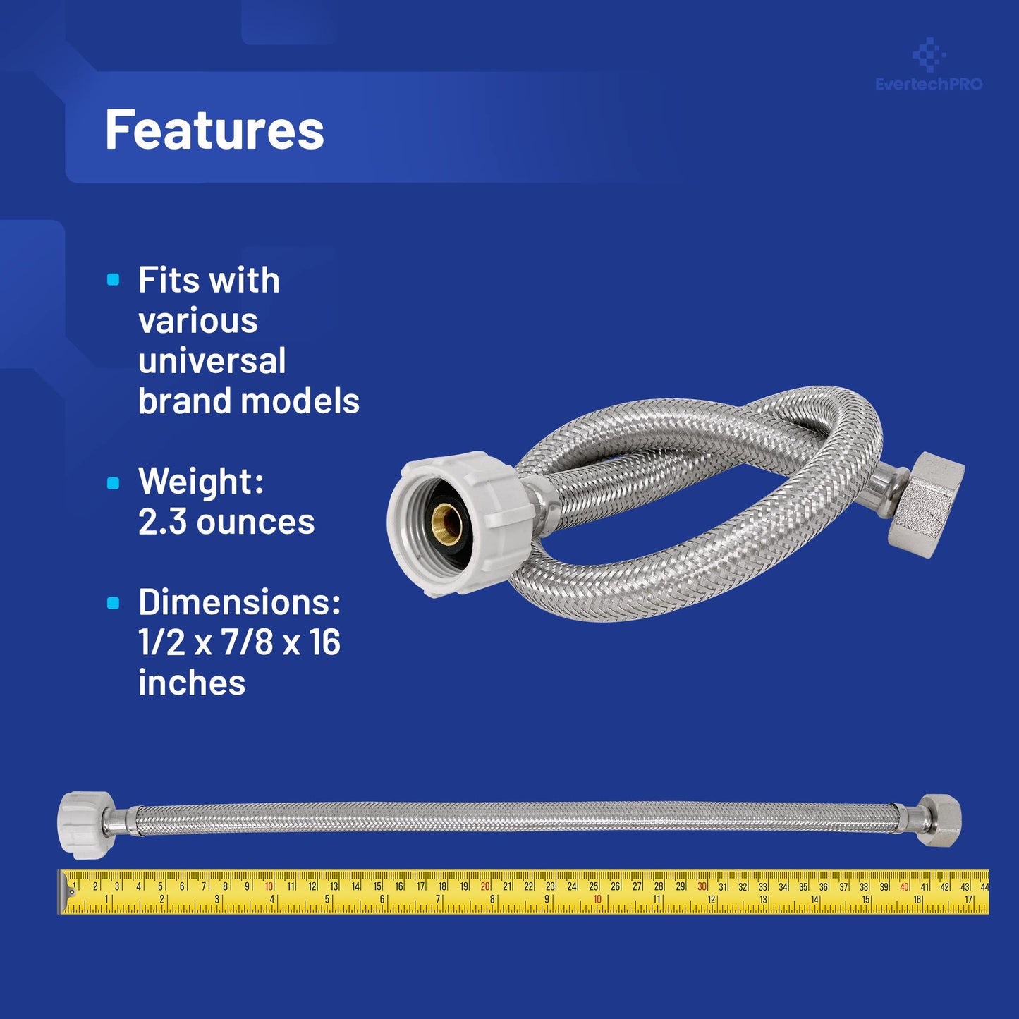 PLB813516 EvertechPRO Stainless Steel Braided Toilet Water Supply Line, F 1/2 x F 7/8 Plastic Nut x 16 Inch - Leak-Free, Universal Fit, Flexible Faucet Supply Lines, Easy Installation Toilet Water Line