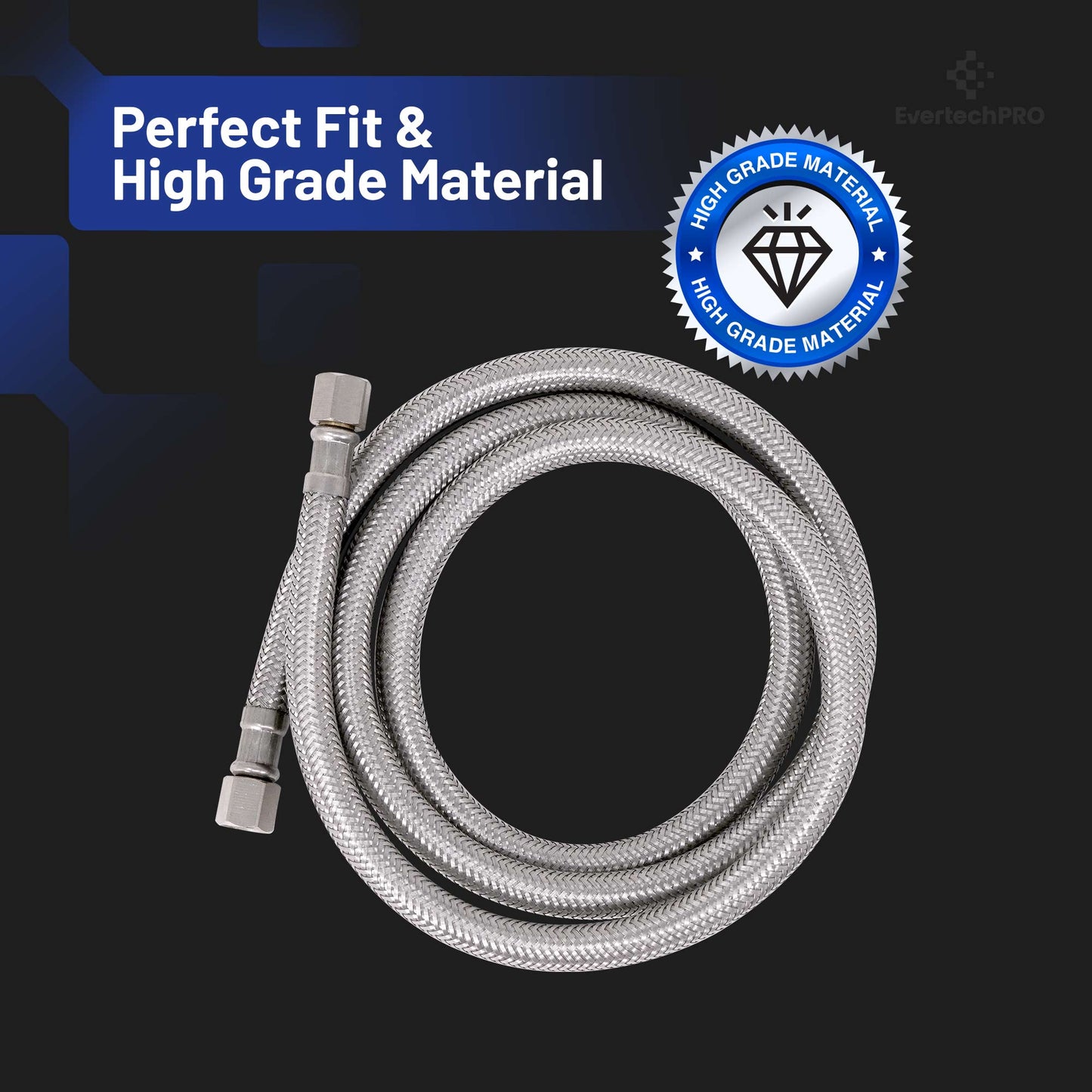 PLB818848 EvertechPRO Refrigerator Water Line Kit - F 1/4 C x F 1/4 C x 48 Inch - Universal Fit - Stainless Steel Braided - High-Quality Material - Durable, Burst Proof Fridge Water Line - No Water Leakage