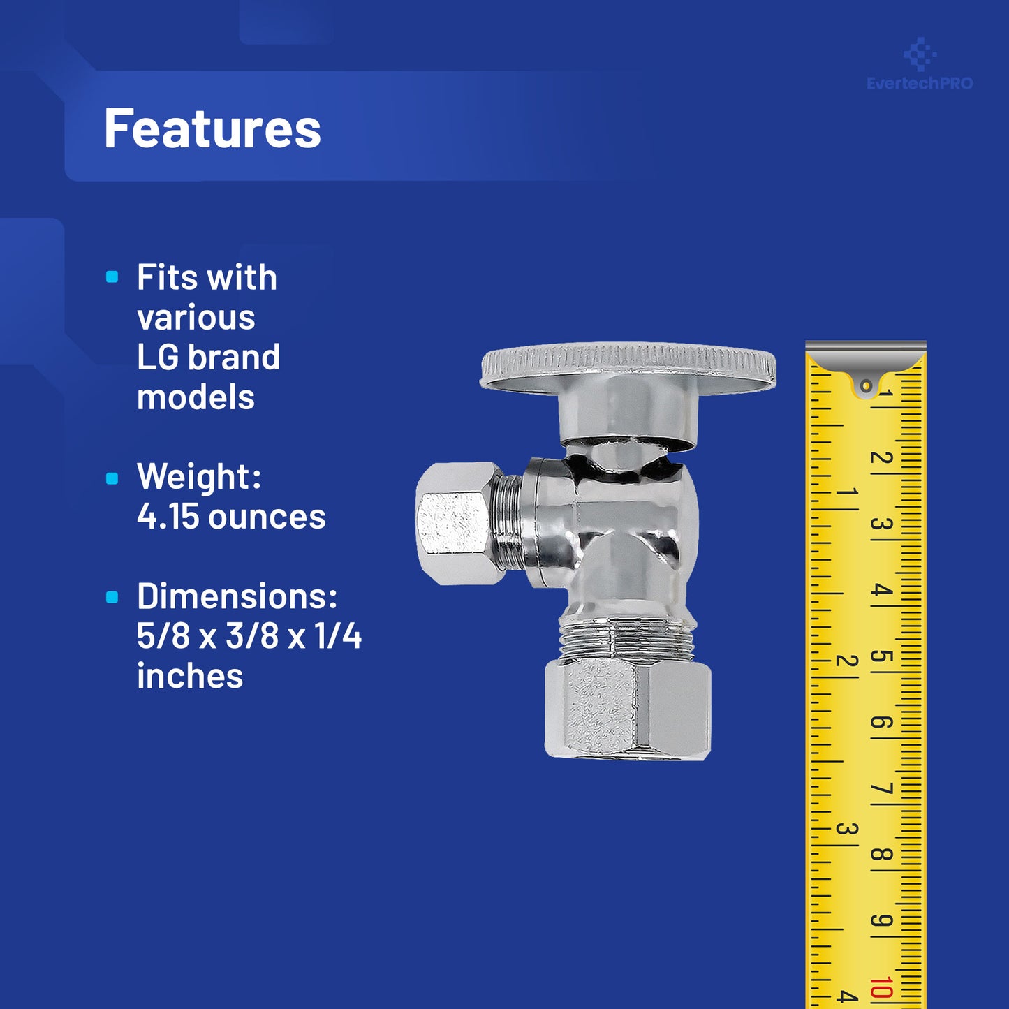 PLB9012 EvertechPRO Toilet Water Valve - Durable Toilet Shut Off Valve with 1/4 Turn Shut Off Valve, Chrome Plated, 5/8 OD x 3/8 OD - Efficient Angle Stop Valve for Plumbing Needs