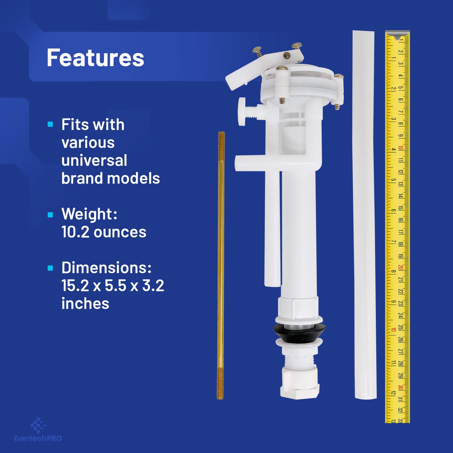 PLBD94005 EvertechPRO Anti-Siphon Ballcock Valve For Toilet, Durable Universal Fit Toilet Parts Inside Tank Kit, Easy Installation, Toilet Repair Kit Inside Tank with Aluminum Float Rod and Tube