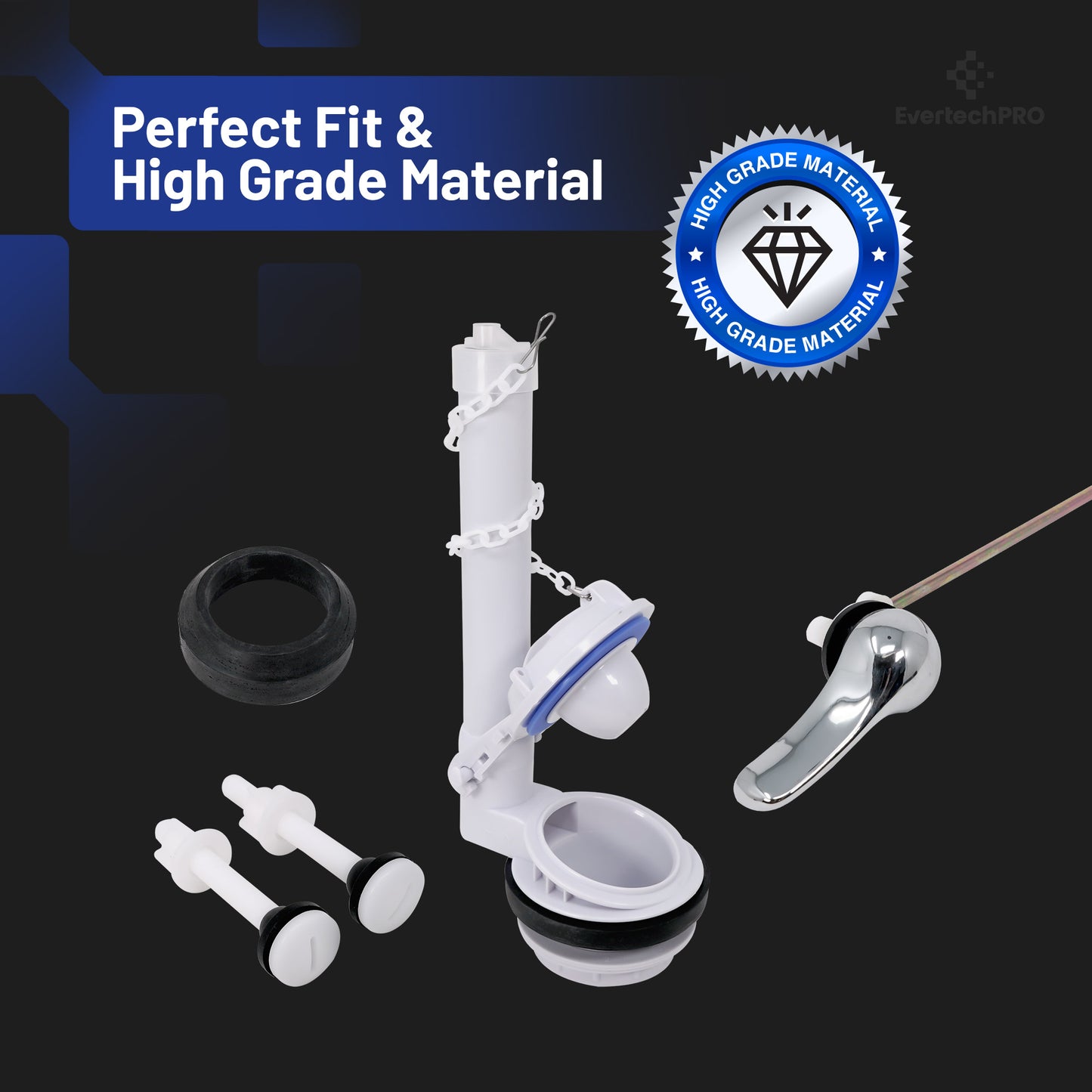 PLBK308CSET EvertechPRO Toilet Repair Kit - Universal Design for Easy Installation, Includes 2 Inch Flush Valve, Tank to Bowl Gasket, Fill Valve, Toilet Handle, High-Performance Flapper - Toilet Guts Replacement Kit