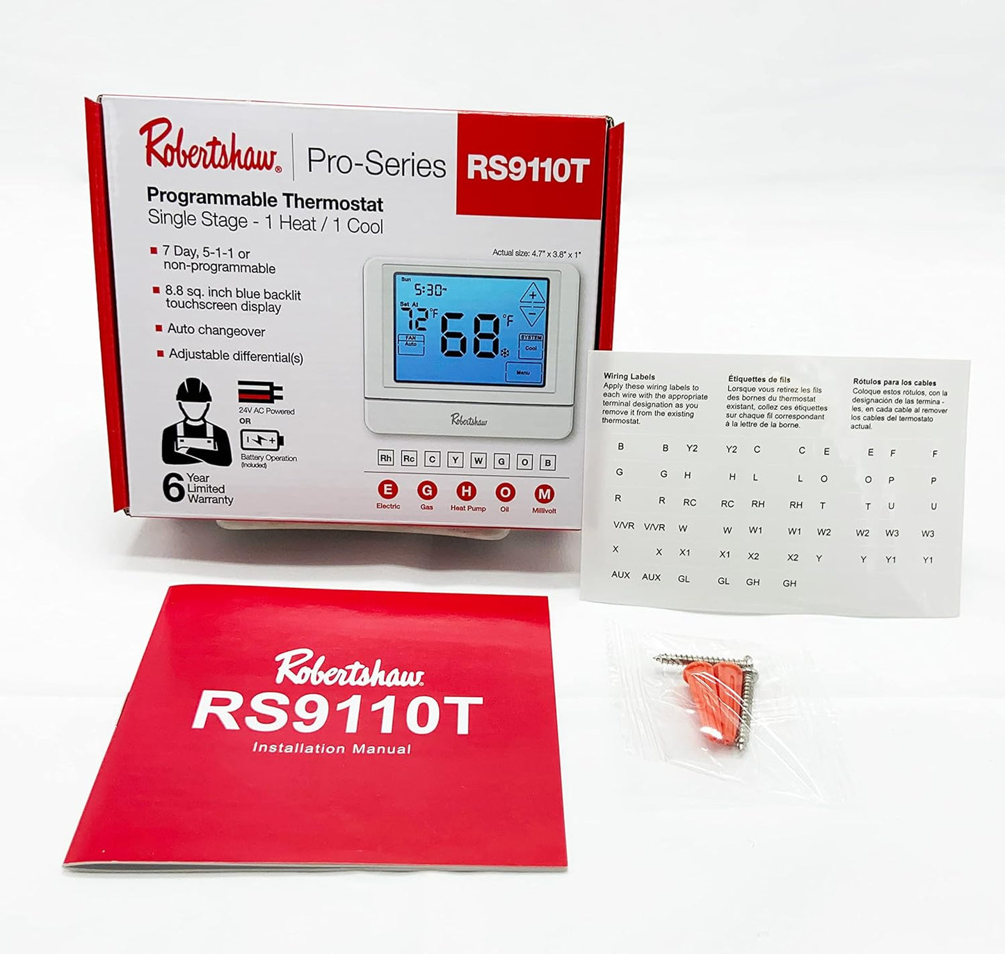 Robertshaw RS9110T Pro Series 5-1-1 Programmable Touchscreen Thermostat, Single-Stage, 1 Heat, 1Cool White