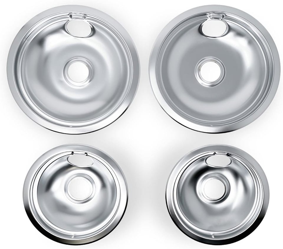 EvertechPRO 4 Pack Stove Drip Pans for Electric Stove Top - 2 Small 6 Inch and 2 Big 8 Inch, Fits Frigidaire and Kenmore - 316048413, 316048414, Durable, Universal, All-in-One, Silver, Chrome Plated