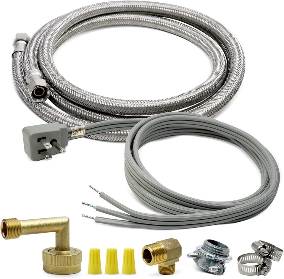 EvertechPRO PM28X329 Dishwasher Installation Kit Dishwasher Hose Kit with 6ft 3-Wire Power Cord Strain Relief and 6’ Stainless Steel Connector Hose Universally Compatible 3/8" Compression Connections