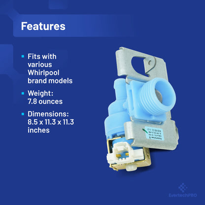 EvertechPRO W10648041 for Whirlpool Water Inlet Valve, High Quality Dishwasher Water Inlet Valve, Compatible with Whirlpool Dishwasher Water Inlet Valve W10195048 and More Top Brand Dishwashers