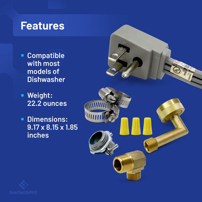 EvertechPRO PM28X329 Dishwasher Installation Kit Dishwasher Hose Kit with 6ft 3-Wire Power Cord Strain Relief and 6’ Stainless Steel Connector Hose Universally Compatible 3/8" Compression Connections