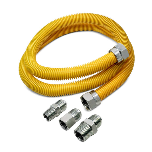 EvertechPRO 581212MF48C 4ft/48" Flexible Yellow Coated Natura Gas Line 5/8" OD X M1/2" X F1/2" with Additional M3/4" Fitting Stainless Steel Hose Connector Kit for Gas Fireplace Stove Water Heater