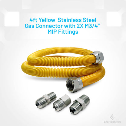 EvertechPRO 581212MF48C 4ft/48" Flexible Yellow Coated Natura Gas Line 5/8" OD X M1/2" X F1/2" with Additional M3/4" Fitting Stainless Steel Hose Connector Kit for Gas Fireplace Stove Water Heater