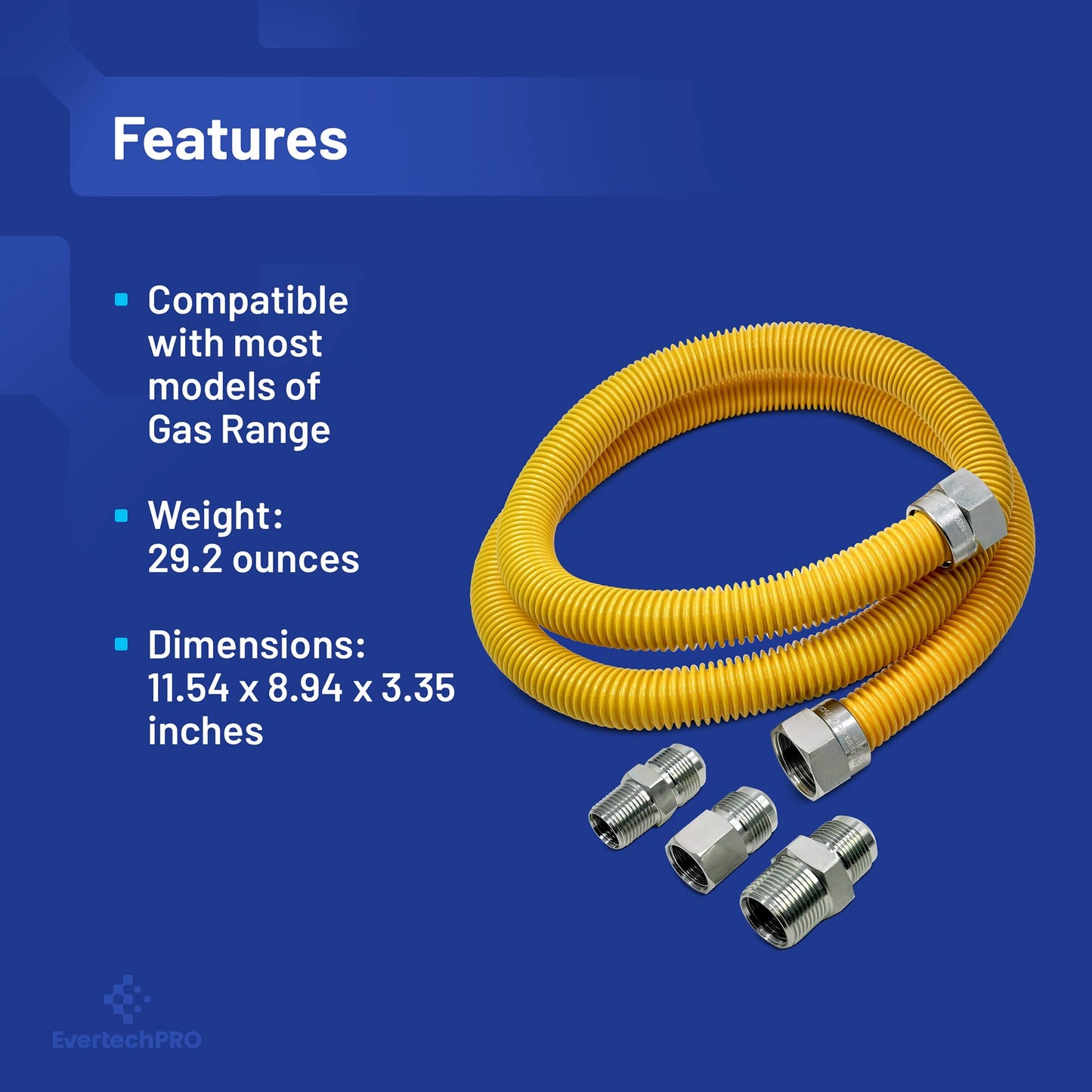 EvertechPRO 581212MF48C 4ft/48" Flexible Yellow Coated Natura Gas Line 5/8" OD X M1/2" X F1/2" with Additional M3/4" Fitting Stainless Steel Hose Connector Kit for Gas Fireplace Stove Water Heater