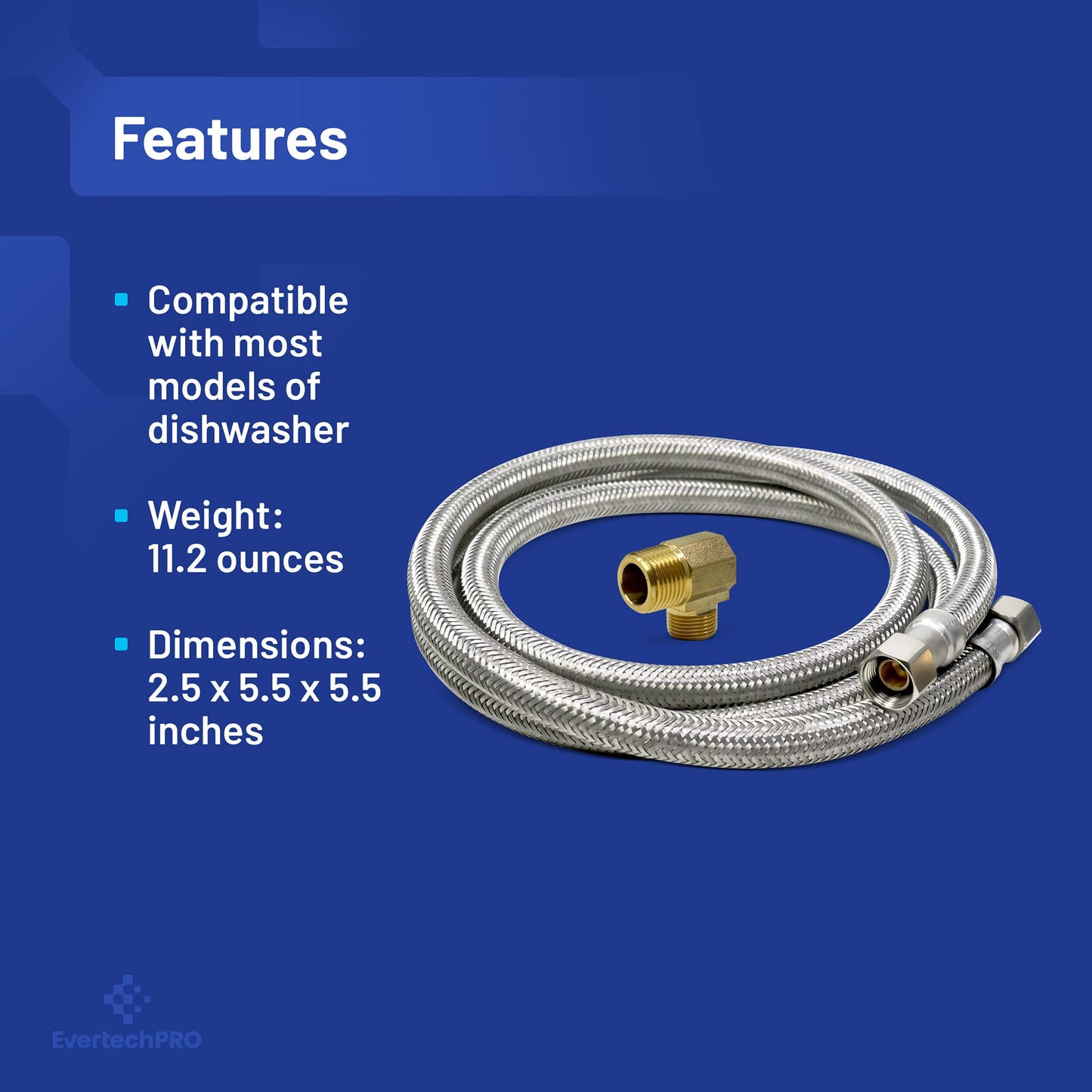 EvertechPRO 383860 5ft / 60 inch Long Dishwasher Hose Installation Kit Stainless Steel Connection Hose Braided Design Burst Proof Water Supply Line with 3/8" Compression X 3/8 MIP Elbow