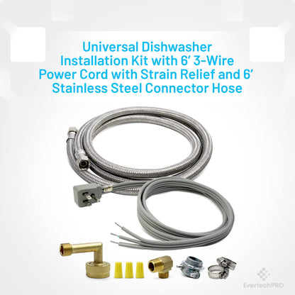 EvertechPRO PM28X329 Dishwasher Installation Kit Dishwasher Hose Kit with 6ft 3-Wire Power Cord Strain Relief and 6’ Stainless Steel Connector Hose Universally Compatible 3/8" Compression Connections