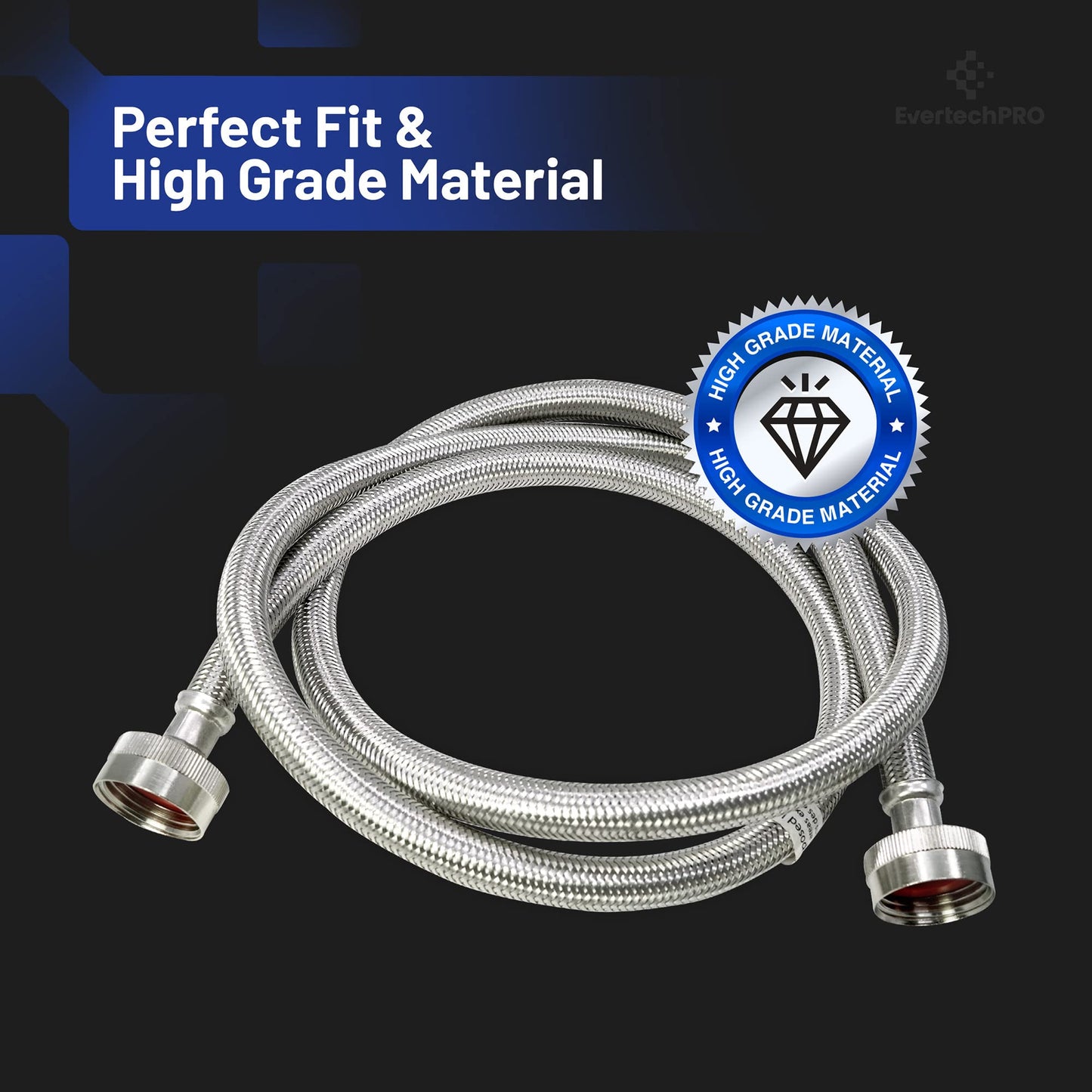 EvertechPRO 5' Stainless-Steel Washing Machine Hose - 2 Pack - 3/4” MIP Connectors - Universally Compatible Burst Proof Water Inlet Supply Lines - 60”