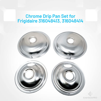 EvertechPRO 4 Pack Stove Drip Pans for Electric Stove Top - 2 Small 6 Inch and 2 Big 8 Inch, Fits Frigidaire and Kenmore - 316048413, 316048414, Durable, Universal, All-in-One, Silver, Chrome Plated