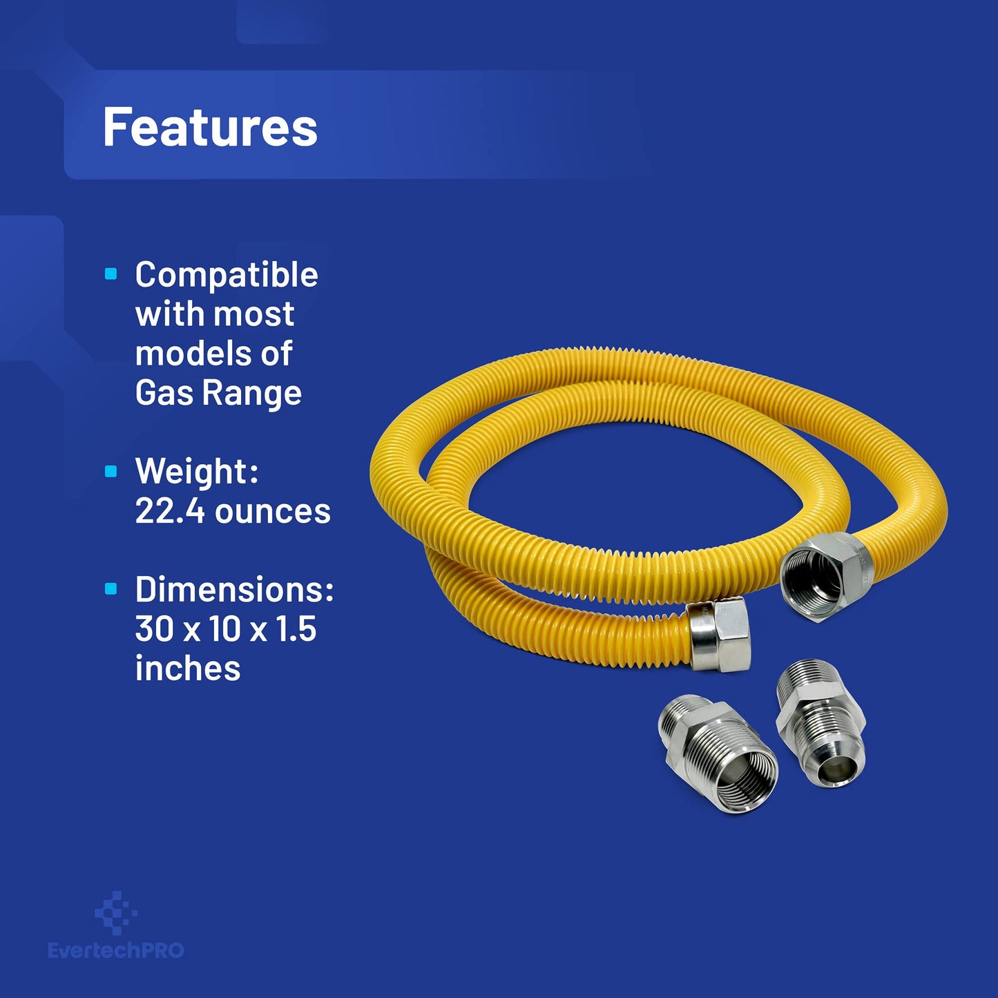 EvertechPRO 583434MM48C 4ft Gas Connector - Flexible Gas Line with 1/2 in. MIP x 1/2 in. MIP x 48 in. and 5/8 in. O.D. Fittings Corrugated Stainless Steel Natural Gas Hose and Yellow Coated