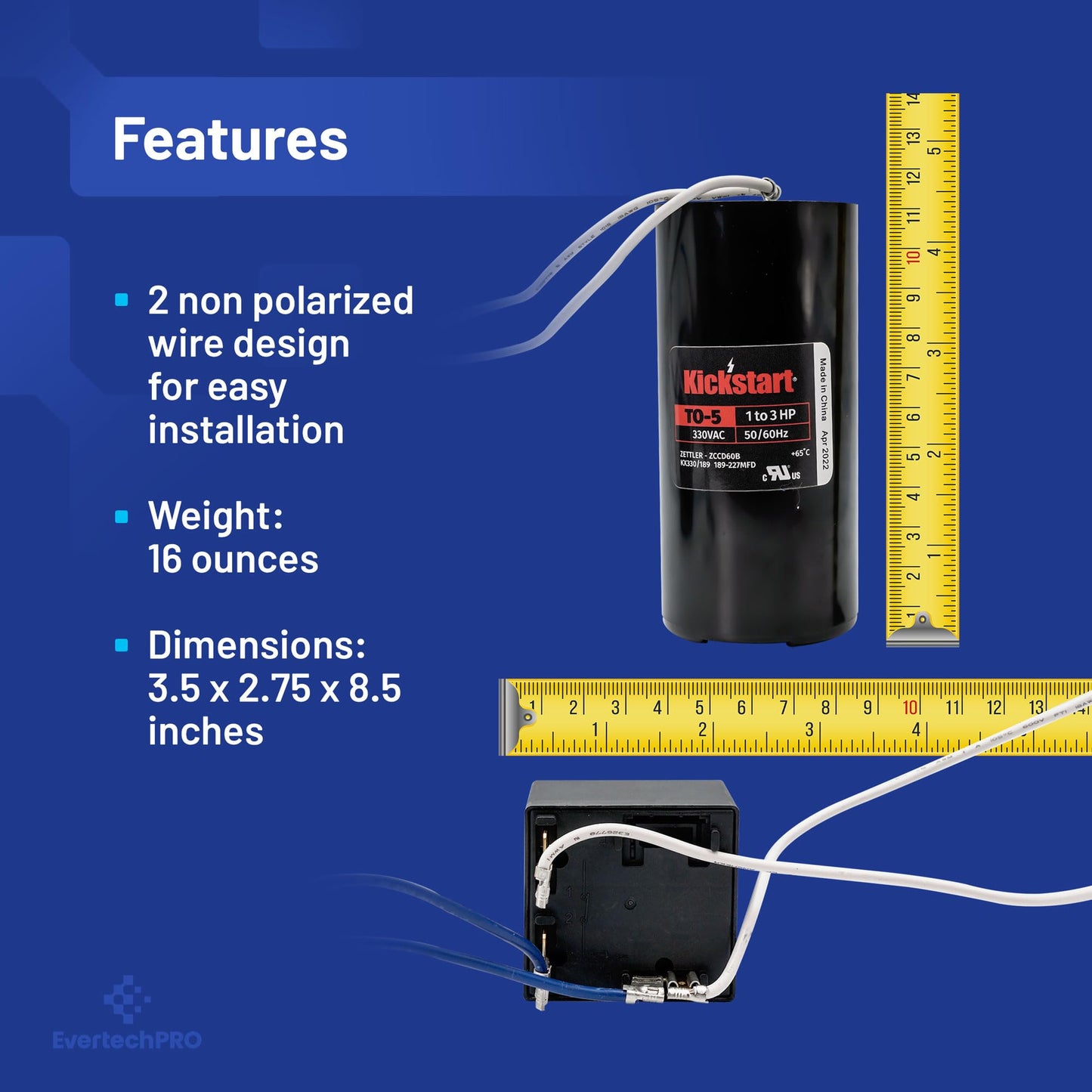EvertechPRO T05 330VAC 189-227MFD 1 to 3 HP Compressor Saver Hard Start Capacitor Relay kit Replacement for AC Air Conditioner